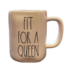 RAE DUNN COFFEE MUG "FIT FOR A QUEEN" SOLID GLOSSY WHITE EMBOSSED CROWN (NEW)